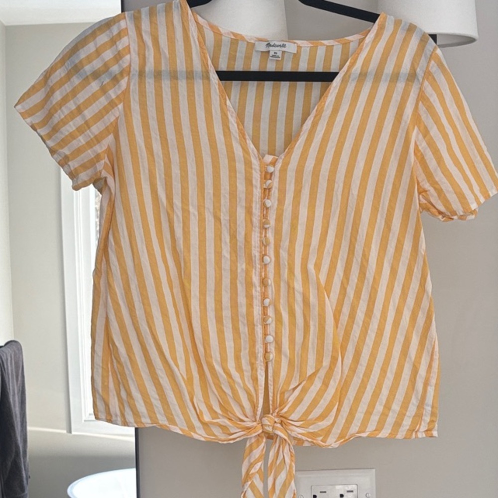 Madewell white and yellow tie blouse